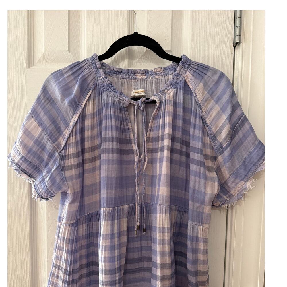 Pilcro Anthropologie Blue Lavender Plaid Gauze Peplum Top, Size XS
